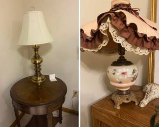 Several wood side tables, end tables and lamps.....check out this vintage lampshade!