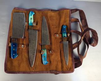 Damascus Steel 4 Knife Set In Carrier, Various Types And Sizes