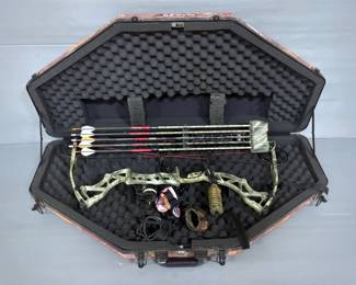 Bowtech Assassin Compound Bow, 29" Draw Length, 70lb Draw Weight, With Binary Camo Leveling Sight, Vanguard Case, Quiver With Mechanical And Fixed Blade Broadheads And Trigger Releases 