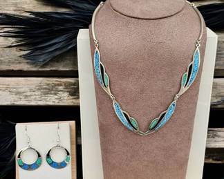 Turquoise, Lapis  Onyx Necklace  Earring Set  Alpaca Mexico