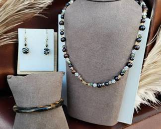 Tigers Eye, Cloisonne,  Faceted Iridescent Beaded Necklace  Glass Earrings  Tortoise Bracelet