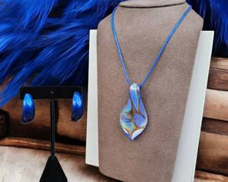 Handblown Dichroic Glass Pendant Necklace  Vintage Blue SemiHoop Earrings