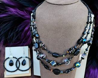 Venetian Murano Glass Bead Necklace With Millefiori, Wedding Cake  Iridescent Beads  Earrings