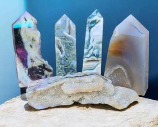 Crystal Points  Towers  Aura Sphalerite, Moss Agate, Blue Aragonite  Angel Aura Druzy