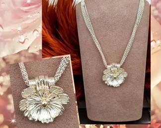  05 Joseph Esposito Sterling Silver Chrysanthemum Flower Necklace With 14kt Gold Ball  43.47 Grams