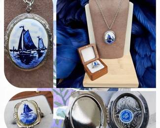 Vintage Delft Blue Made In Holland Locket Necklace  Ring