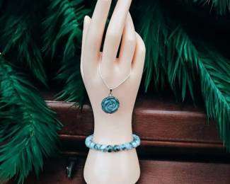 Jadeite Carved Rose Necklace With Stone Bracelet