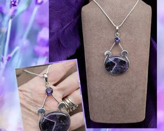 Chevron Amethyst Necklace With Crescent Moons  Tested
