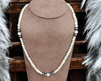 Freshwater Pearl Necklace With Hematite  Sterling Silver