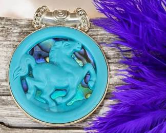 Sajen Sterling Silver Carved Turquoise Horse Pendant With Abalone Shell Background  11.95 Grams