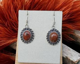Ornate Red Jasper Oval Dangle Earrings  Tested