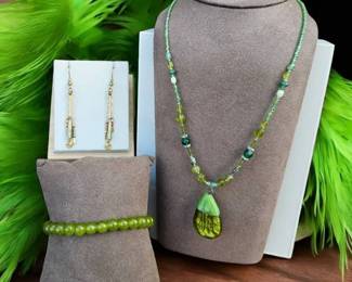 Earthly Green Glass Necklace, Drop Dangle Cylinder Earrings  Green SemiPrecious Stone Bracelet
