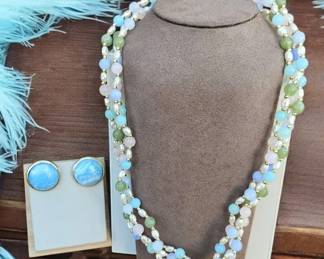 Pastel Beaded 3 Strand Vintage Necklace With Marble Swirl Earrings