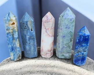 Crystal Points  Towers  Blue Kyanite, Blue Coral, Red Vein Jasper, Ruby In Fuchsite  Lapis Lazuli