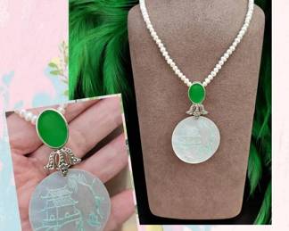 Sterling Silver Jade Mother Of Pearl Pendant With Sterling Silver Freshwater Pearl Necklace
