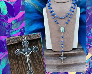 Religious Rosary Necklace With Blue Stones With INRI Cross