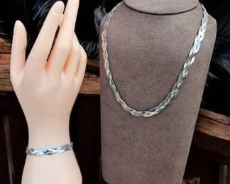 Silver Colored Braided Herringbone Necklace  Bracelet Set