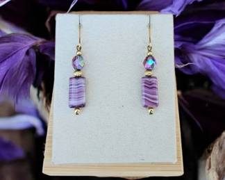 Purple Striped Wave Dangle Earrings With Iridescent Crystals