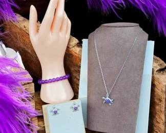 Sea Turtle Necklace  Earring Set With Stone Bracelet