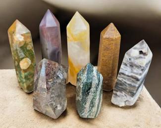 Crystal Points  Towers  Rhyolite, Ocean Jasper, Golden Healer Quartz, Sphalerite  More