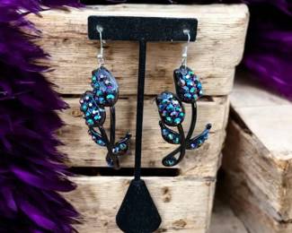 Double Tulip With Iridescent Rhinestones Dangle Earrings  Peacock Colors