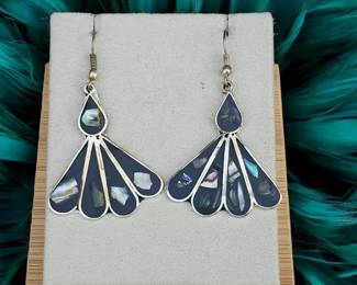 Onyx And Abalone Fan Dangle Earrings  Mosaic Inlay Design