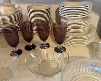 dish set, bowls, lavender stemware
