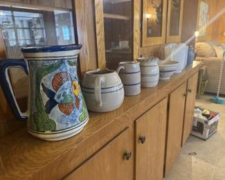 large fish pitcher, crocks and crock pitchers, bowl and milk glass pitcher