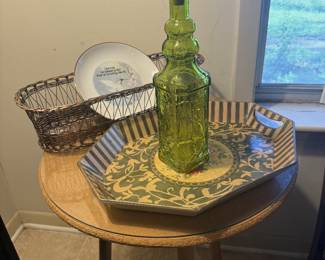 vintage green glass bottle, decorative tray, basket