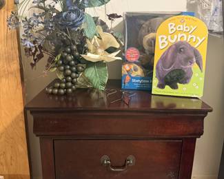 vintage night stand, florals, toys