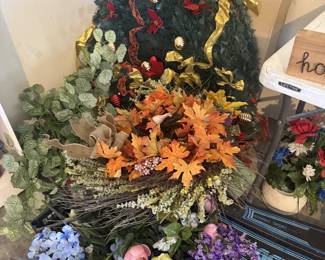 lots of florals, wreaths, decor