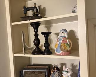 Vintage sewing machine, wooden candlesticks, Easter decor