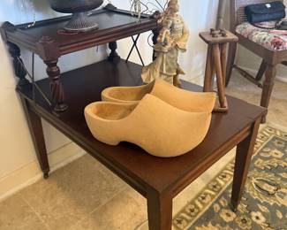 wooden Dutch shoes, vintage wooden side table, floral rug