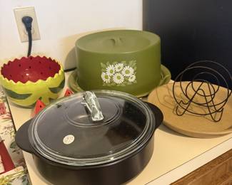 Vintage Avocado green cake carrier, MCM, napkin holder, watermelon bowl, black casserole dish