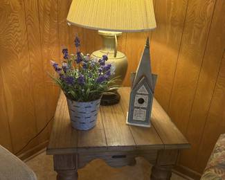 side table, lamp, floral, church birdhouse