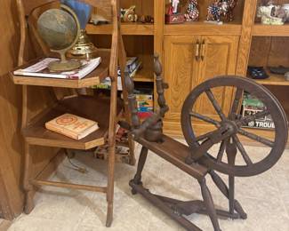 vintage ladder shelf, collectibles, wooden spinning wheel