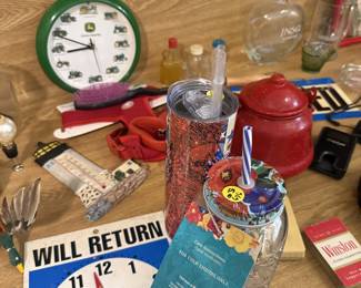 John Deere wall clock, glassware, 