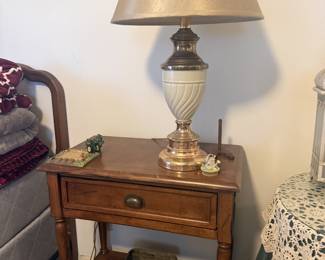 vintage 2-tier nightstand, lamps, framed art