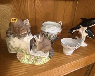 porcelain raccoon and mailbox figurine, Mail Heist, 1987, dolphin figurine