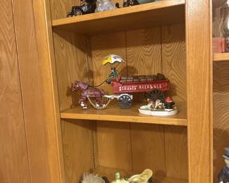 tractor planter, vintage cast iron toy horse-drawn wagon branded for Schultz beer