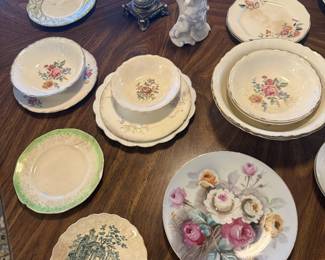 vintage dishware, plates, candlesticks, vase