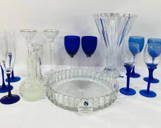 Shannon Crystal Vase & Blue Glass Stemware