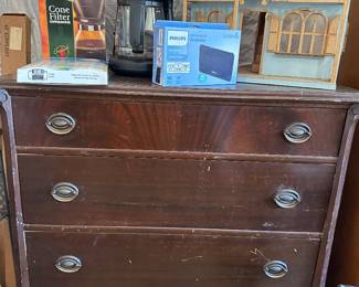 Antique dresser, dollhouse, kitchen wares