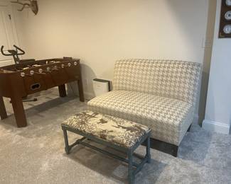 Foosball table, oversized upholstered loveseat bench settee. Antique weather station. 