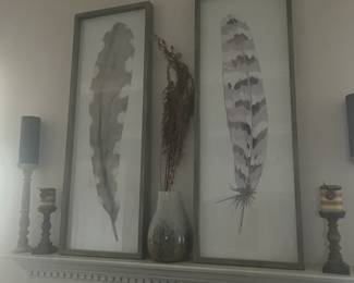 Shadowbox framed wall art and vases, wooden candlesticks, home decor