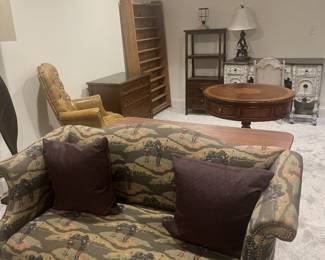 Upholstered sette loveseat and throw pillows. 