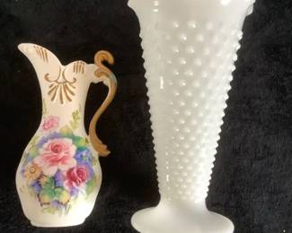 Vintage Hobnail Milk Glass Trumpet Vase Vintage Enesco Ceramic Pitcher