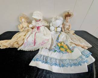 Four Vtg Handmade Embroidered Pillowcase Dolls