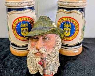 Two Vtg 1967 USAF NCO Itnl Ramstein Airbase Beer Stein Bosson Chalk Head