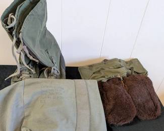 Military Lot Canvas Bag, Boots and Mittens